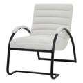 Front three-quarter view of a pale accent chair with horizontal upholstered channels, capped curved arms and a black runner frame.