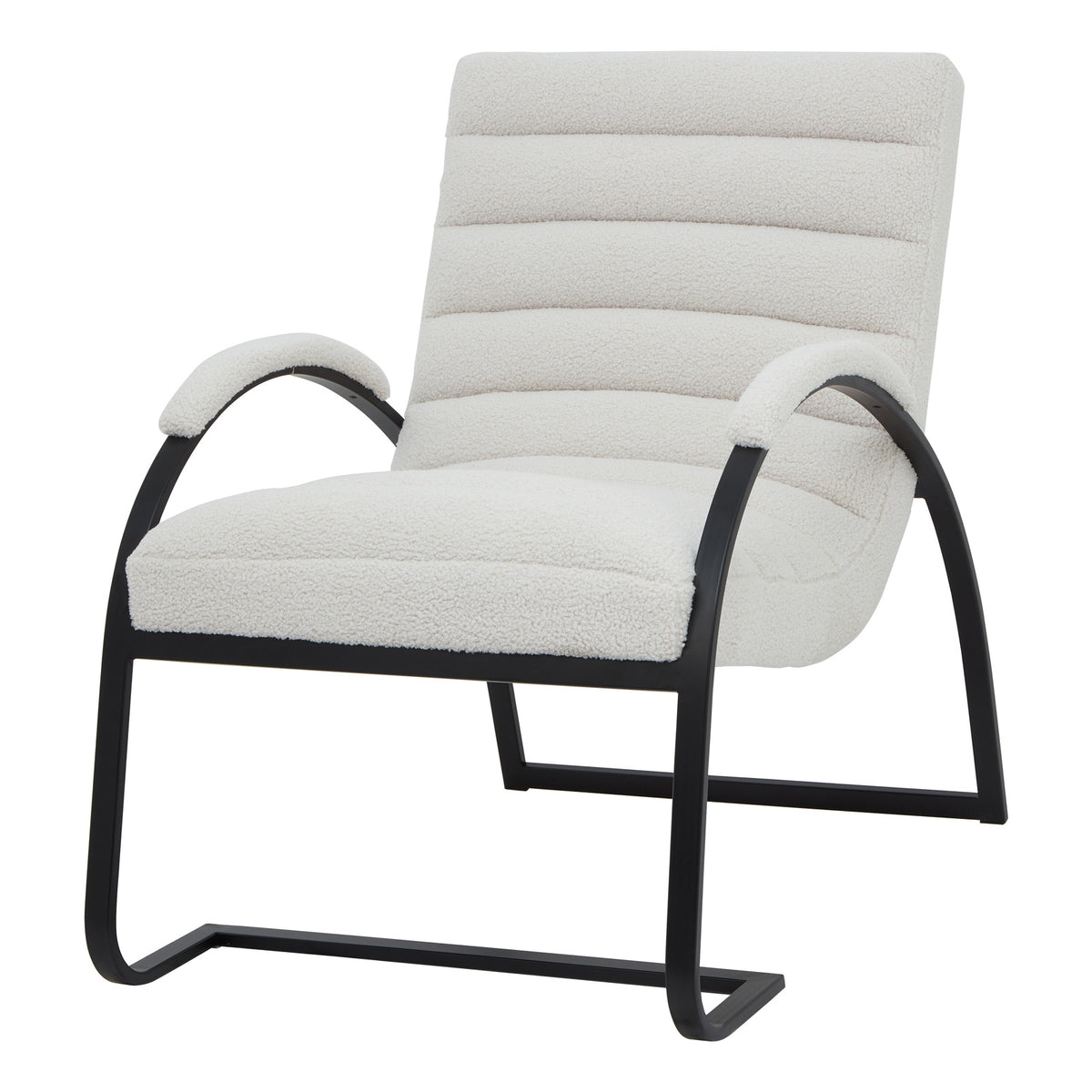 Front three-quarter view of a pale accent chair with horizontal upholstered channels, capped curved arms and a black runner frame.
