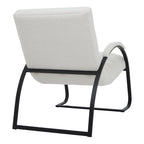 Rear three-quarter view showing the chair's plain loop-textured back, pale arm cap and open black frame beneath the seat.