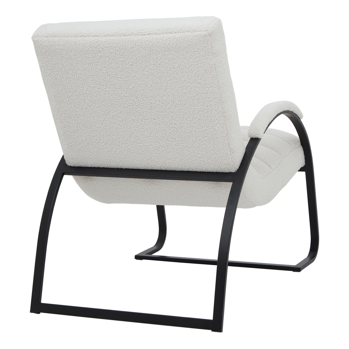 Rear three-quarter view showing the chair's plain loop-textured back, pale arm cap and open black frame beneath the seat.
