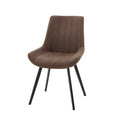 Brown dining chair in three-quarter view, with a curved upholstered shell, stitched channels and four splayed black legs.
