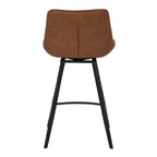 Rear view of the bar stool showing the tan curved back with a central vertical seam and tall black legs.