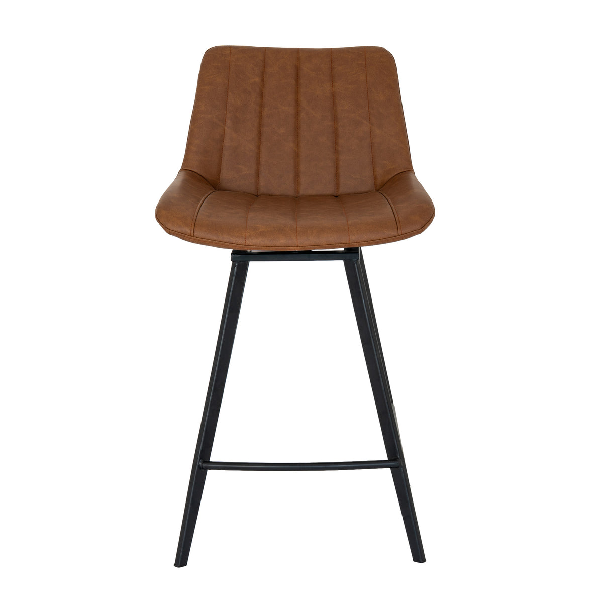 Front view of the tan armless bar stool, with vertical stitched channels across the back and seat above a black base.