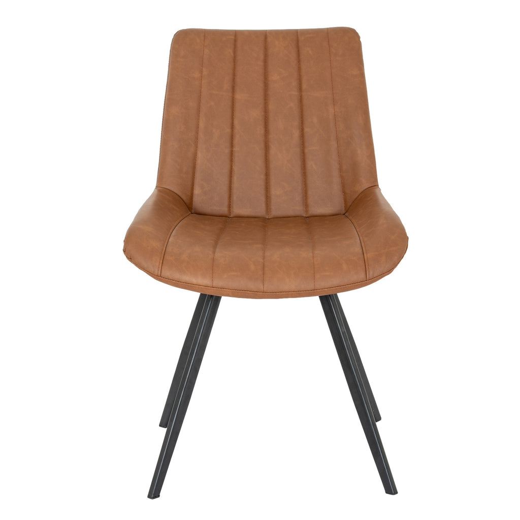 Front view of the tan dining chair showing vertical channels across the back and seat, raised seat edges and black legs.