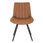 Front view of the tan dining chair showing vertical channels across the back and seat, raised seat edges and black legs.