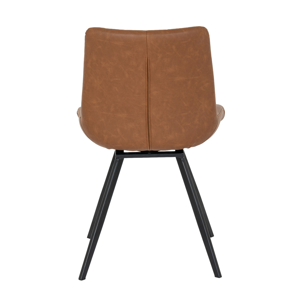 Rear view of the tan dining chair with a central back seam, rounded lower corners and a black base beneath the shell.