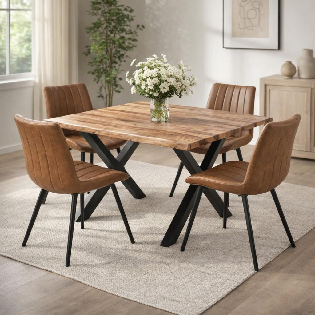Four tan channelled chairs arranged around a timber dining table with black crossed legs, styled with white flowers on a cream rug.
