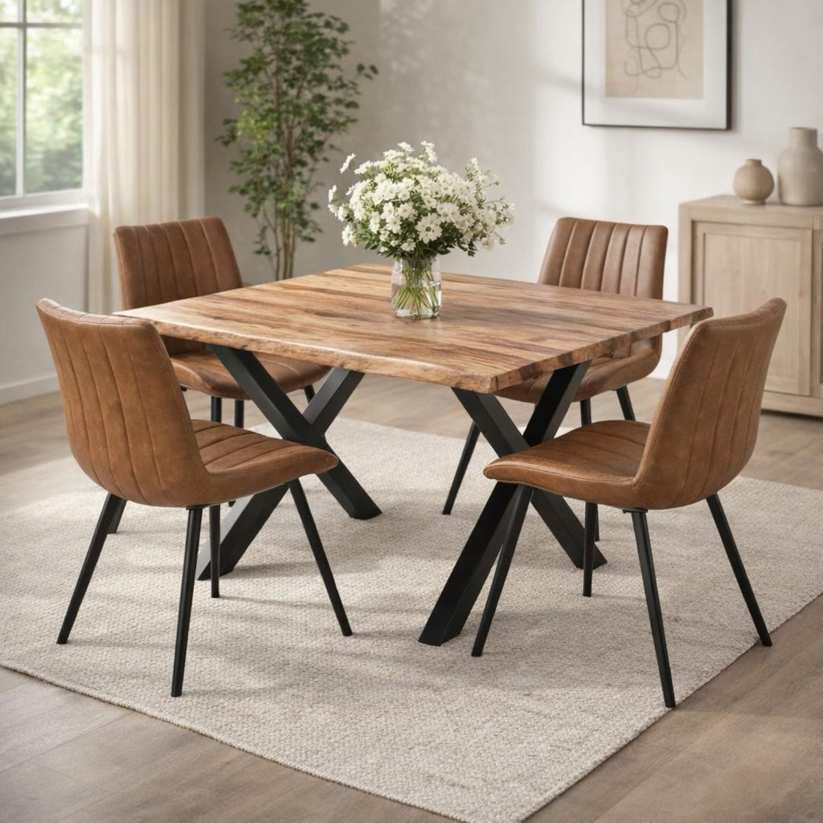 Four tan channelled chairs arranged around a timber dining table with black crossed legs, styled with white flowers on a cream rug.