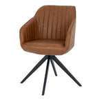 Front angled view of a tan tub dining chair with vertical stitched channels, a plain seat and a black four-spoke pedestal base.
