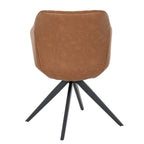 Rear view of the tan dining chair showing its plain curved outer back, edge seams and splayed black pedestal base.