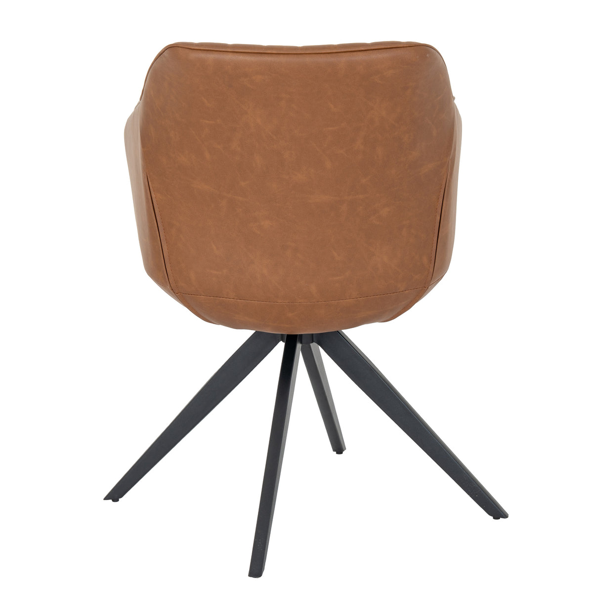 Rear view of the tan dining chair showing its plain curved outer back, edge seams and splayed black pedestal base.