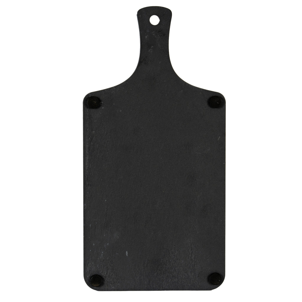 Underside of the charcoal serving board with four black circular pads near the corners and a hanging hole in the handle.