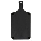 Underside of the charcoal serving board with four black circular pads near the corners and a hanging hole in the handle.