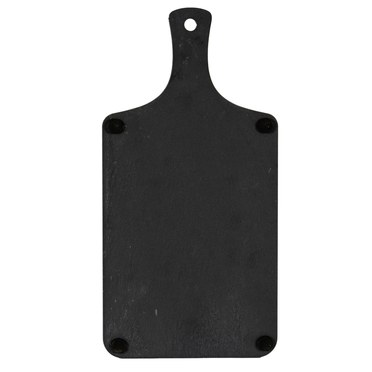 Underside of the charcoal serving board with four black circular pads near the corners and a hanging hole in the handle.