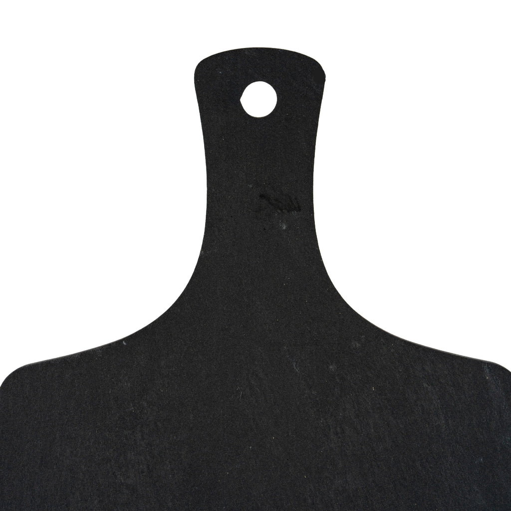 Close-up of the serving board's narrow handle and sweeping shoulders, showing the circular hole and subtly marked matte surface.