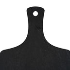 Close-up of the serving board's narrow handle and sweeping shoulders, showing the circular hole and subtly marked matte surface.
