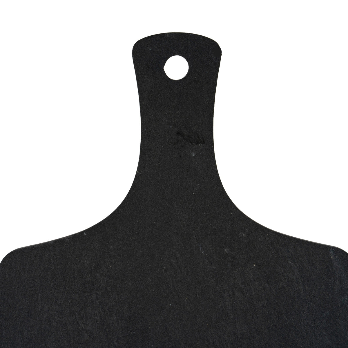 Close-up of the serving board's narrow handle and sweeping shoulders, showing the circular hole and subtly marked matte surface.