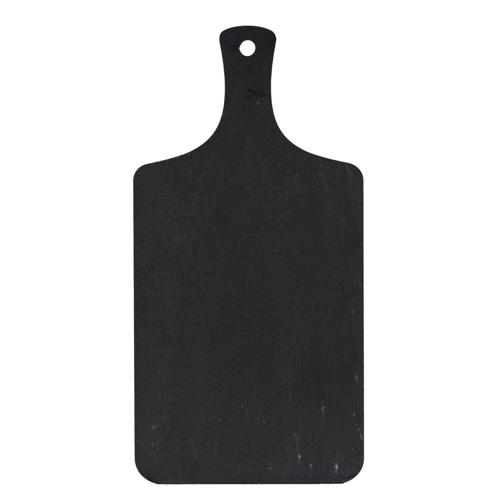 Front view of a charcoal rectangular serving board with rounded corners, curved shoulders and a narrow handle with a circular hole.