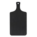 Front view of a charcoal rectangular serving board with rounded corners, curved shoulders and a narrow handle with a circular hole.