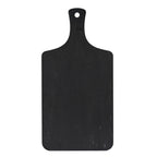 Front view of a charcoal rectangular serving board with rounded corners, curved shoulders and a narrow handle with a circular hole.