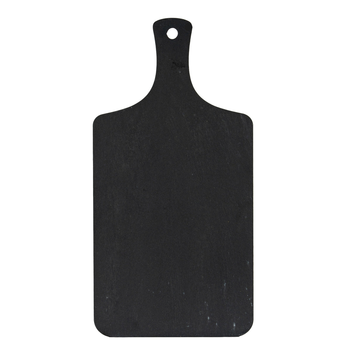 Front view of a charcoal rectangular serving board with rounded corners, curved shoulders and a narrow handle with a circular hole.