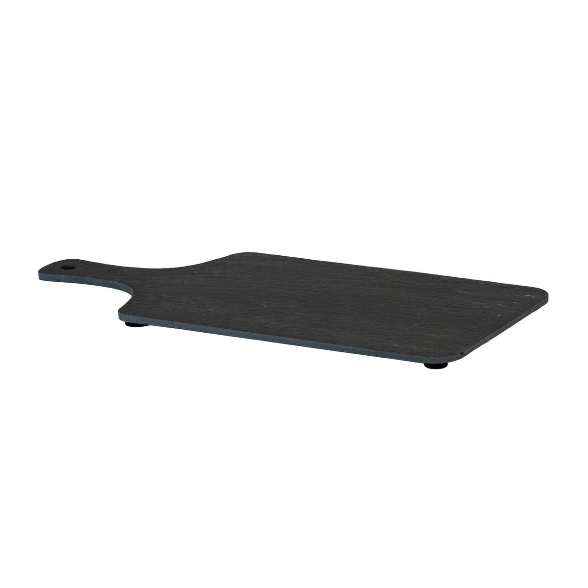 Low angled view of the charcoal serving board showing its thin edge, rounded corners and black pads beneath.