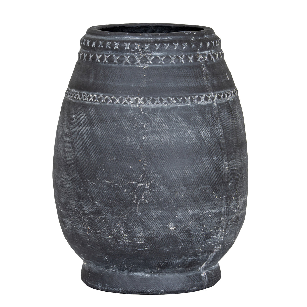 Charcoal vase with a rounded barrel body, short foot and pale geometric bands, shown against a white background.
