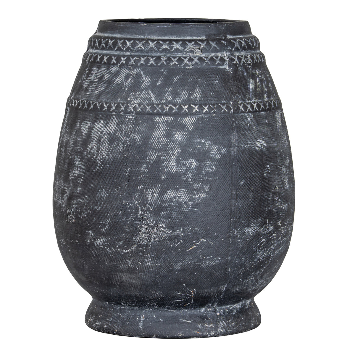 Charcoal vase with a rounded barrel body, pale geometric bands and a short flared foot against a white background.