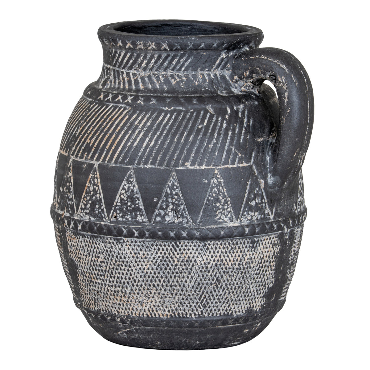 Charcoal decorative jug with a rounded body, wide opening and curved handle on the right, covered in pale geometric bands.