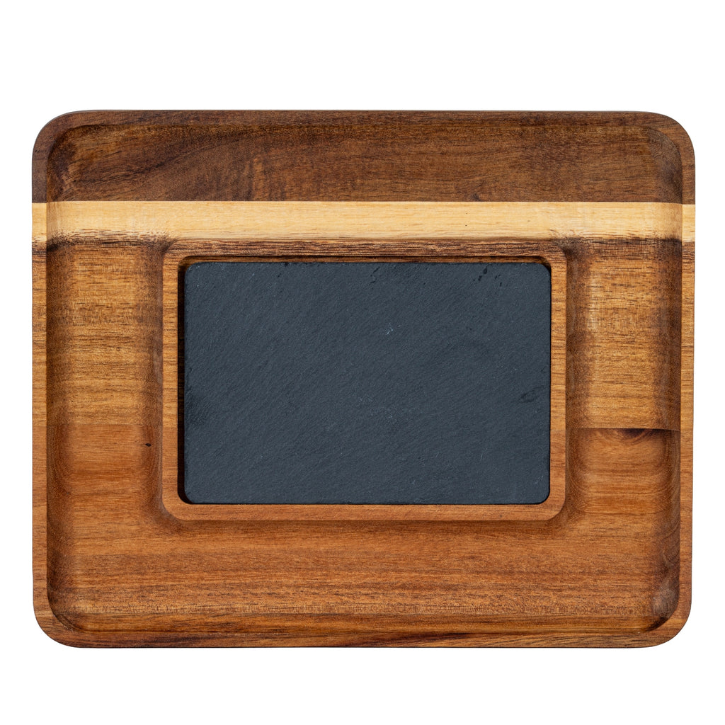 Overhead view showing the charcoal insert framed by recessed channels and a pale band across the brown grained tray.