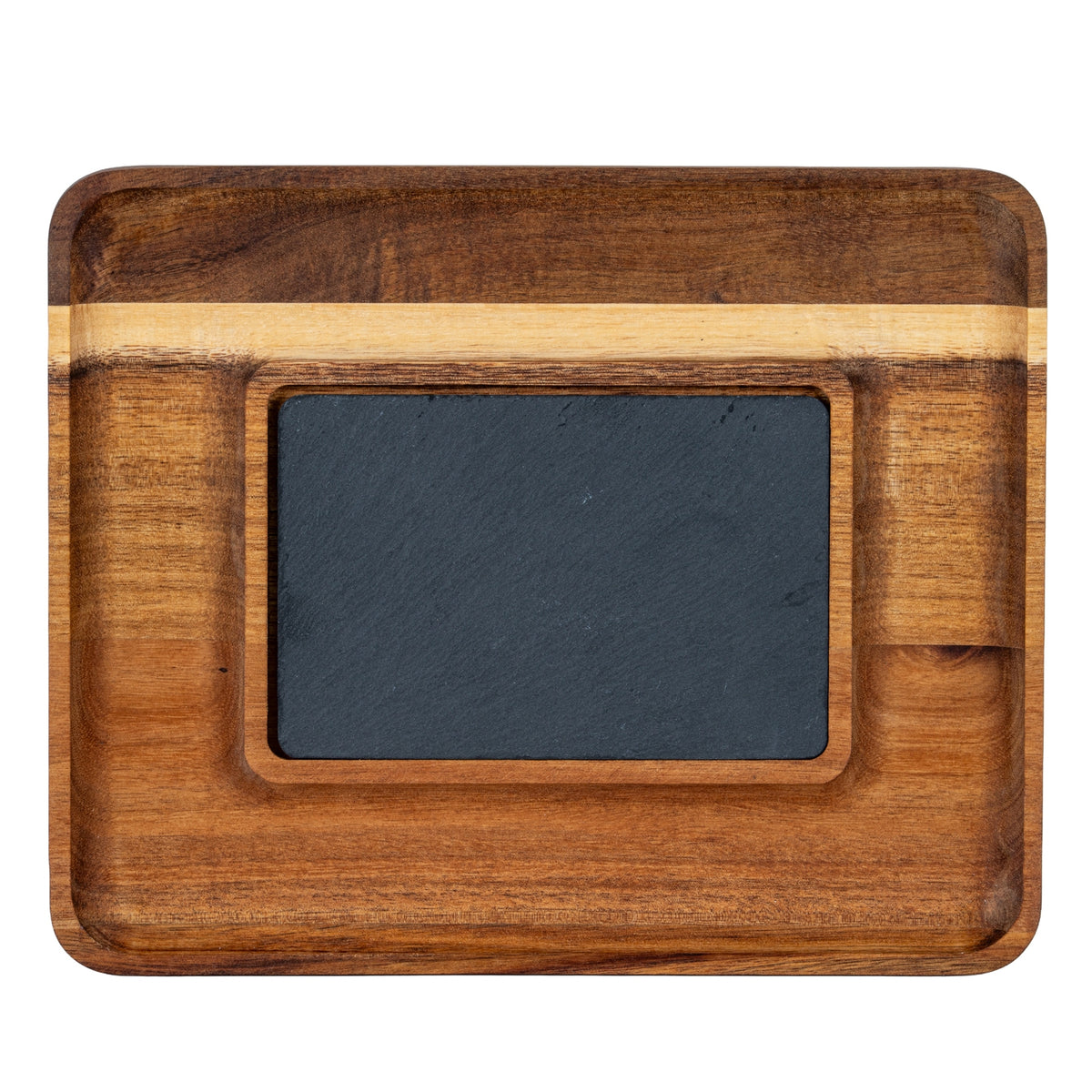 Overhead view showing the charcoal insert framed by recessed channels and a pale band across the brown grained tray.