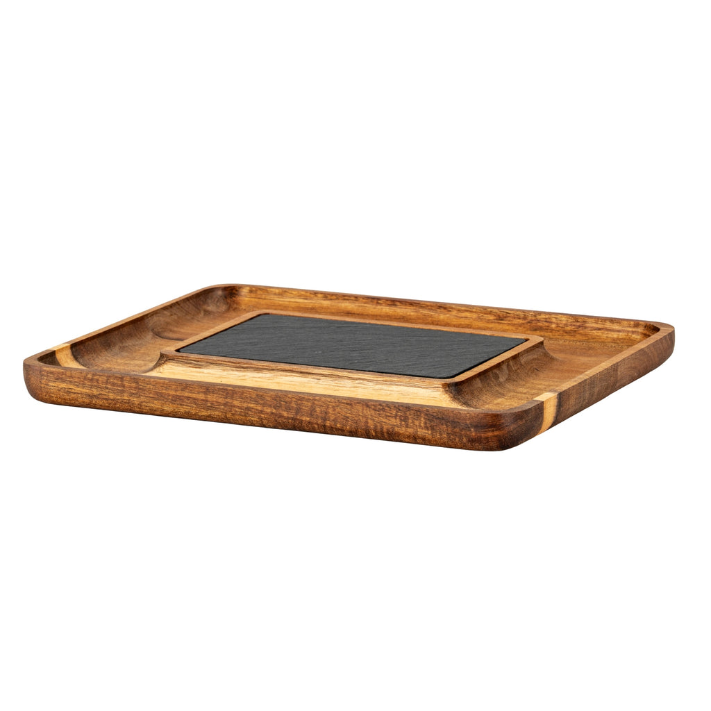 Angled view of a brown grained serving tray with a charcoal rectangular insert, broad channels and a shallow raised rim.