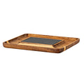 Angled view of a brown grained serving tray with a charcoal rectangular insert, broad channels and a shallow raised rim.