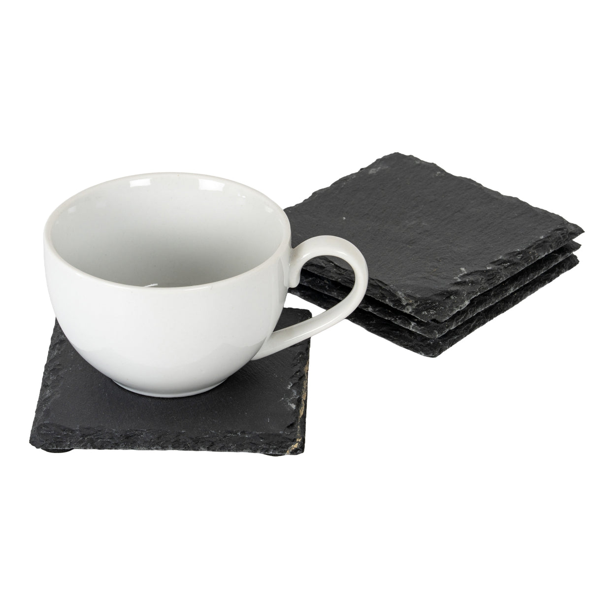 White cup resting on a charcoal square coaster, with three matching coasters stacked behind it on a white background.