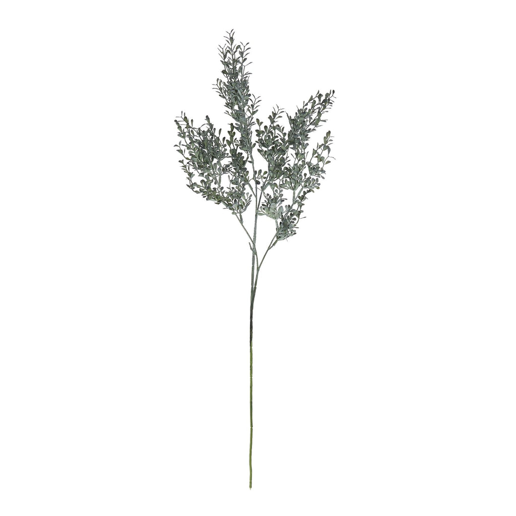 Full view of the charcoal leaf artificial foliage spray, with fine leafy branches above a long green lower stem on a white background.