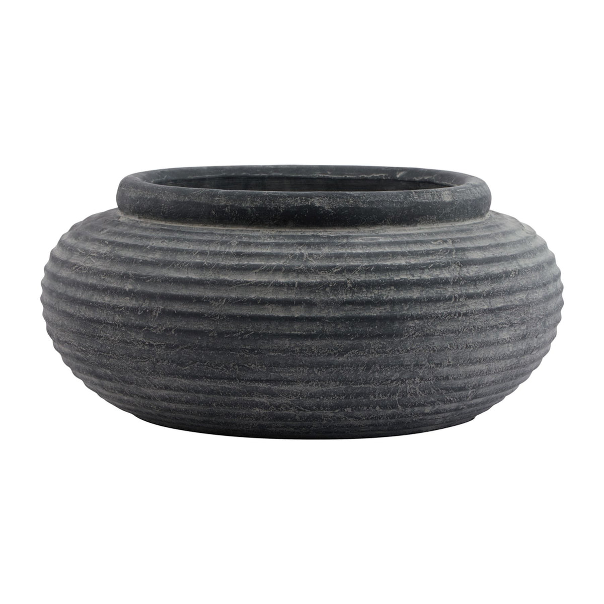 Charcoal-grey bowl-shaped planter with rounded ribbed sides, pale distressed markings and an open rolled rim on a white background.