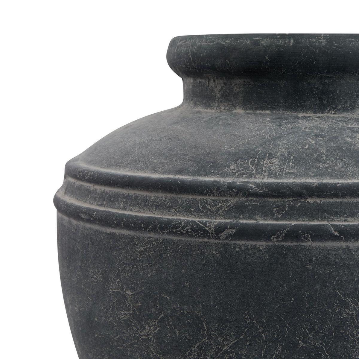 Close-up of the planter's curved shoulder and raised horizontal bands, with pale markings across the dark grey surface.