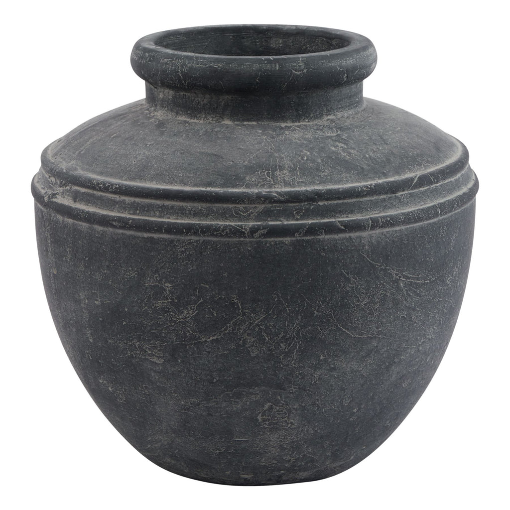 Charcoal grey round planter with a narrow flared opening, raised shoulder rings and pale weathered markings on a white background.