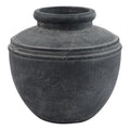 Charcoal grey round planter with a narrow flared opening, raised shoulder rings and pale weathered markings on a white background.