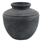 Charcoal grey round planter with a narrow flared opening, raised shoulder rings and pale weathered markings on a white background.
