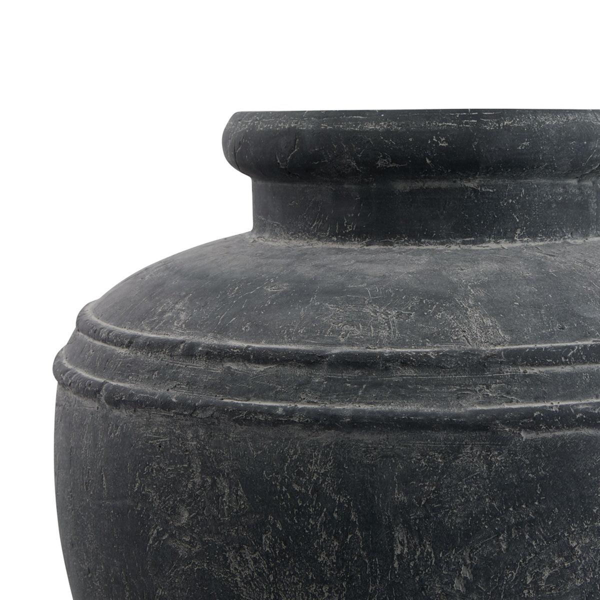 Close-up of the charcoal planter's twin raised shoulder bands and irregular pale marks across its curved surface.