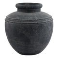 Charcoal-grey rounded planter with a short neck, thick open rim and two raised bands around the shoulder, shown against white.