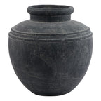 Charcoal-grey rounded planter with a short neck, thick open rim and two raised bands around the shoulder, shown against white.