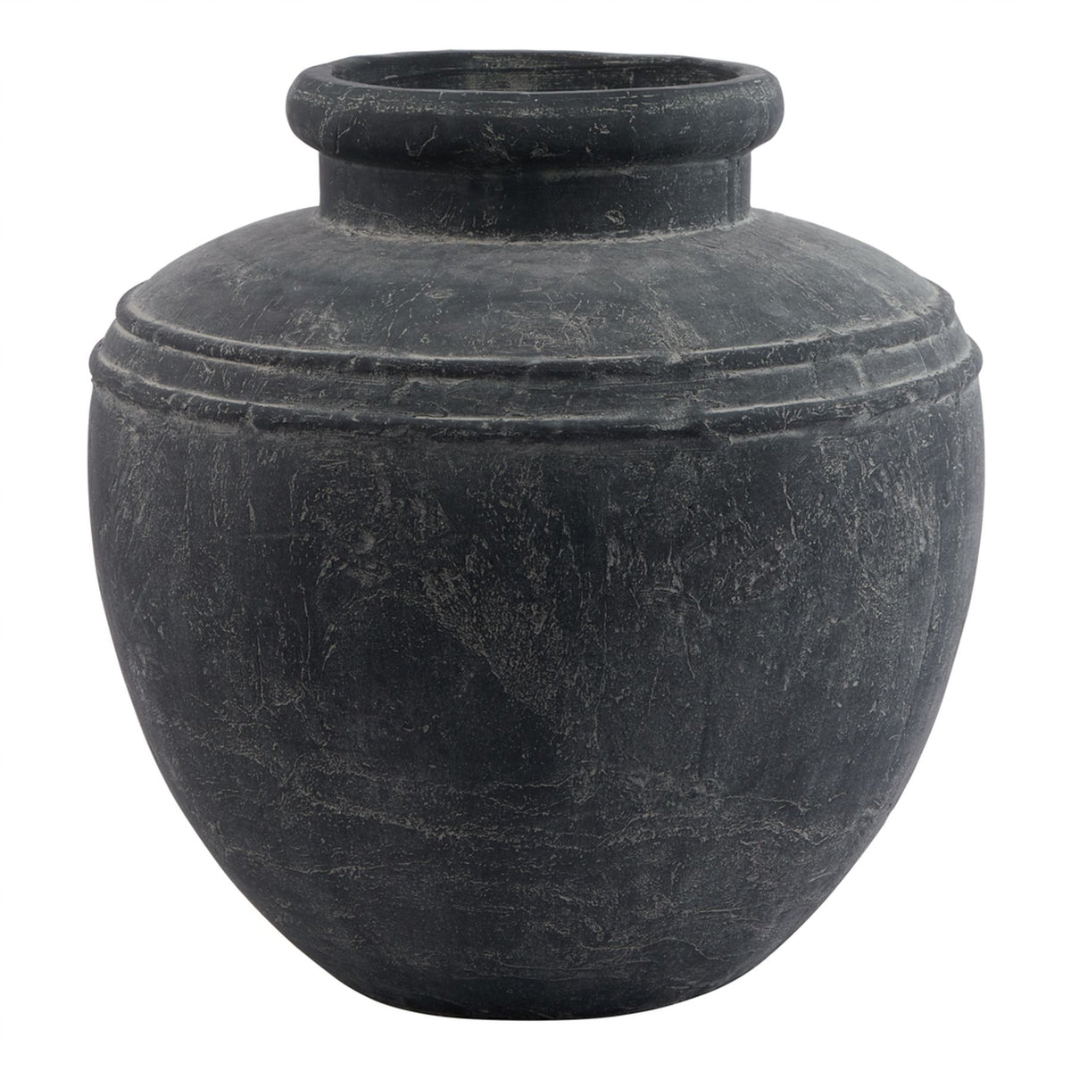 Charcoal-grey rounded planter with a short neck, thick open rim and two raised bands around the shoulder, shown against white.