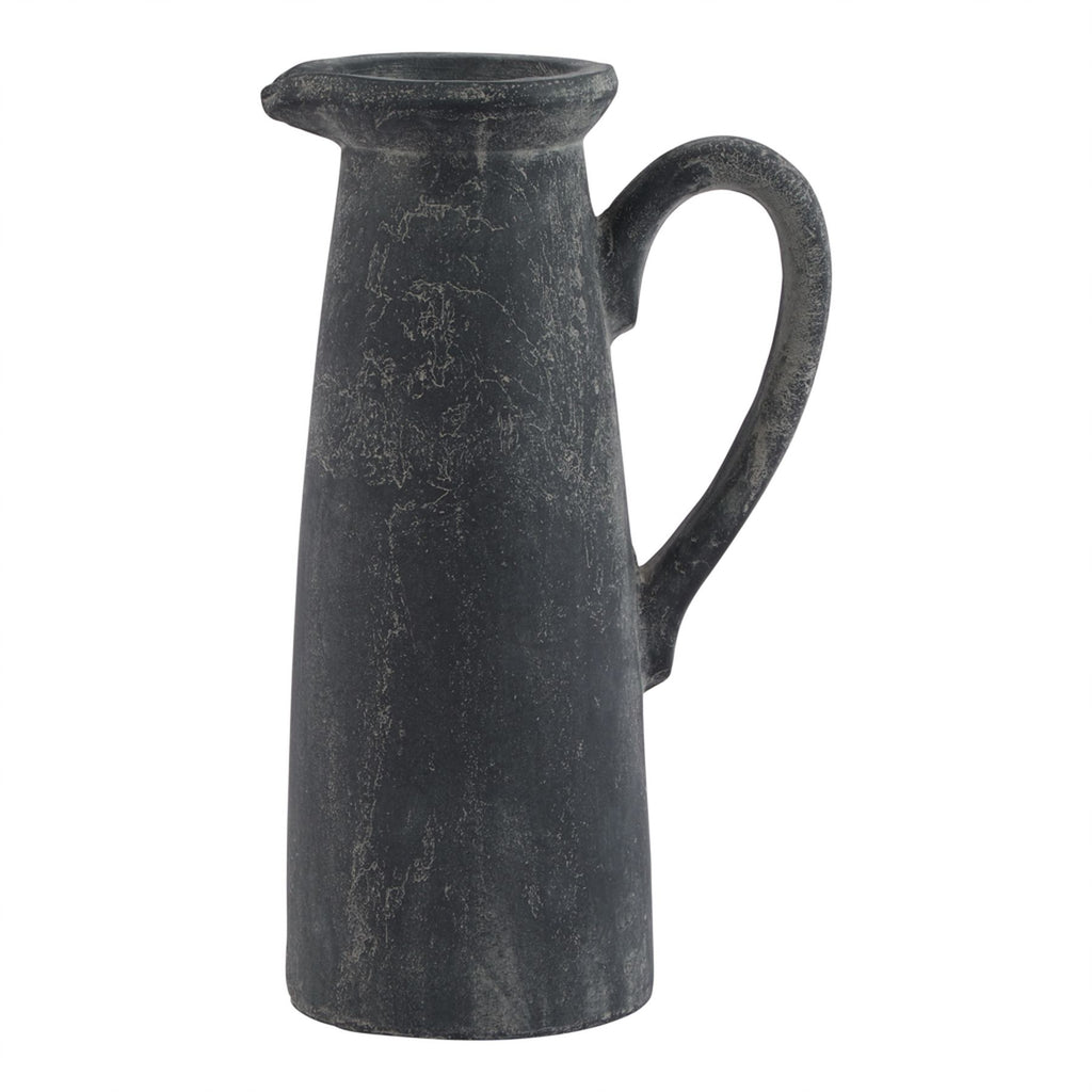 Tall charcoal-grey decorative jug with a tapered body, flared spout and long loop handle on a white background.