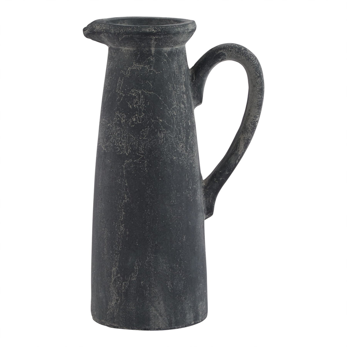 Tall charcoal-grey decorative jug with a tapered body, flared spout and long loop handle on a white background.