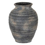 Full view of a charcoal-grey vase with a rounded body, short neck and flared rim, covered in fine horizontal lines and warm brown patches.