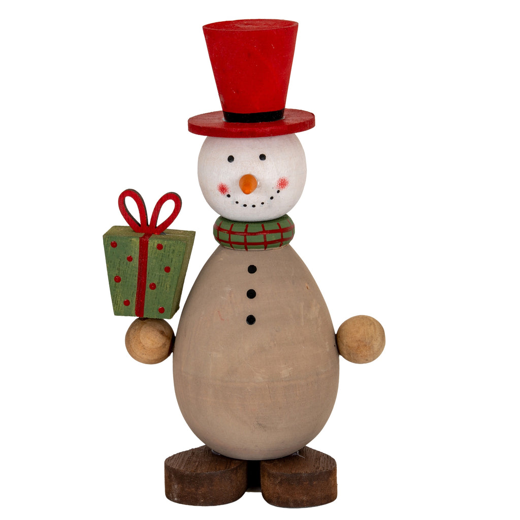 Front view of a standing snowman decoration with a red top hat, green checked collar and green present with a red bow.