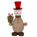 Front view of a standing snowman decoration with a red top hat, green checked collar and green present with a red bow.