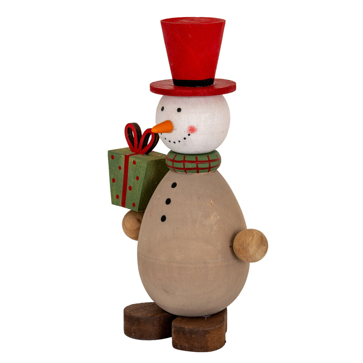 Angled view of the snowman decoration showing its projecting orange nose, rounded brown body and raised green gift.